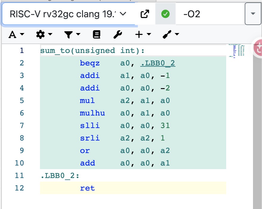 Clang output replaces the loop with arithmetic